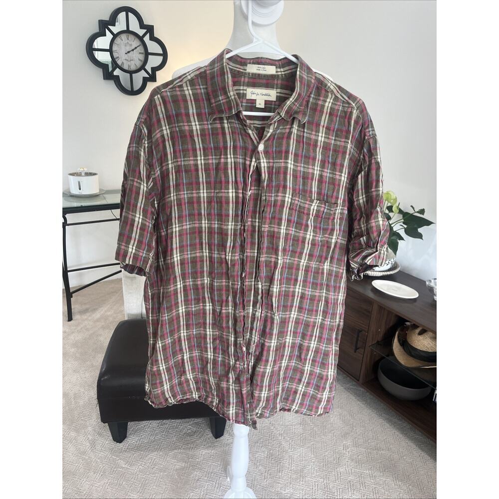 Vtg Men XL Linen Short Sleeve Camp Shirt Plaid Red Green Preppy Collar Nordstrom